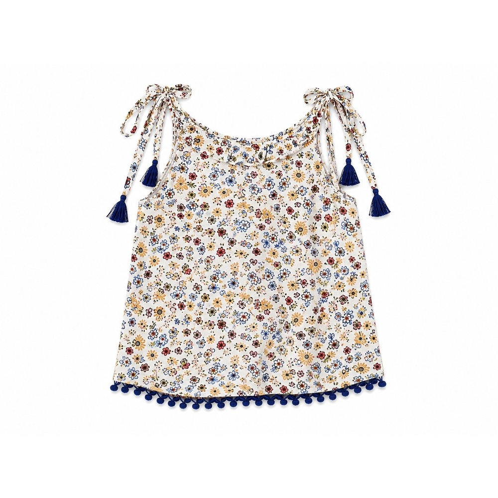 Hayden Los Angeles Floral Tie Strap‎ Tank Top Blue Tassel Pom Pom Hem NWT Small - Picture 3 of 9